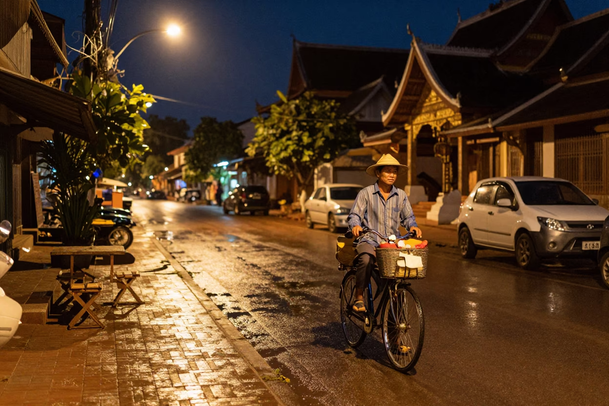 Late Night Street Scene in Luang Prabang Laos with Bicycle Basket and Brass Details in in Luang Prabang, Laos