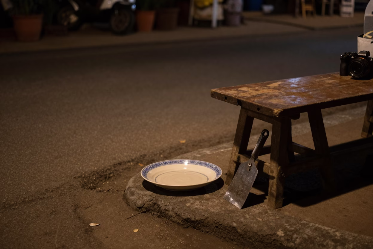 Late Night Street Scene in Luang Prabang Laos with Ceramic Plate and Boot Scraper in in Luang Prabang, Laos