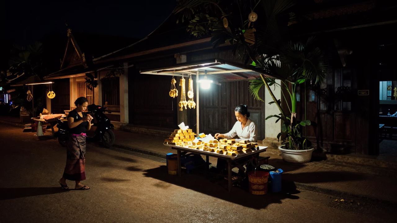 Late Night Street Scene in Luang Prabang Laos with Gold Jewelry and Traditional Textiles in in Luang Prabang, Laos