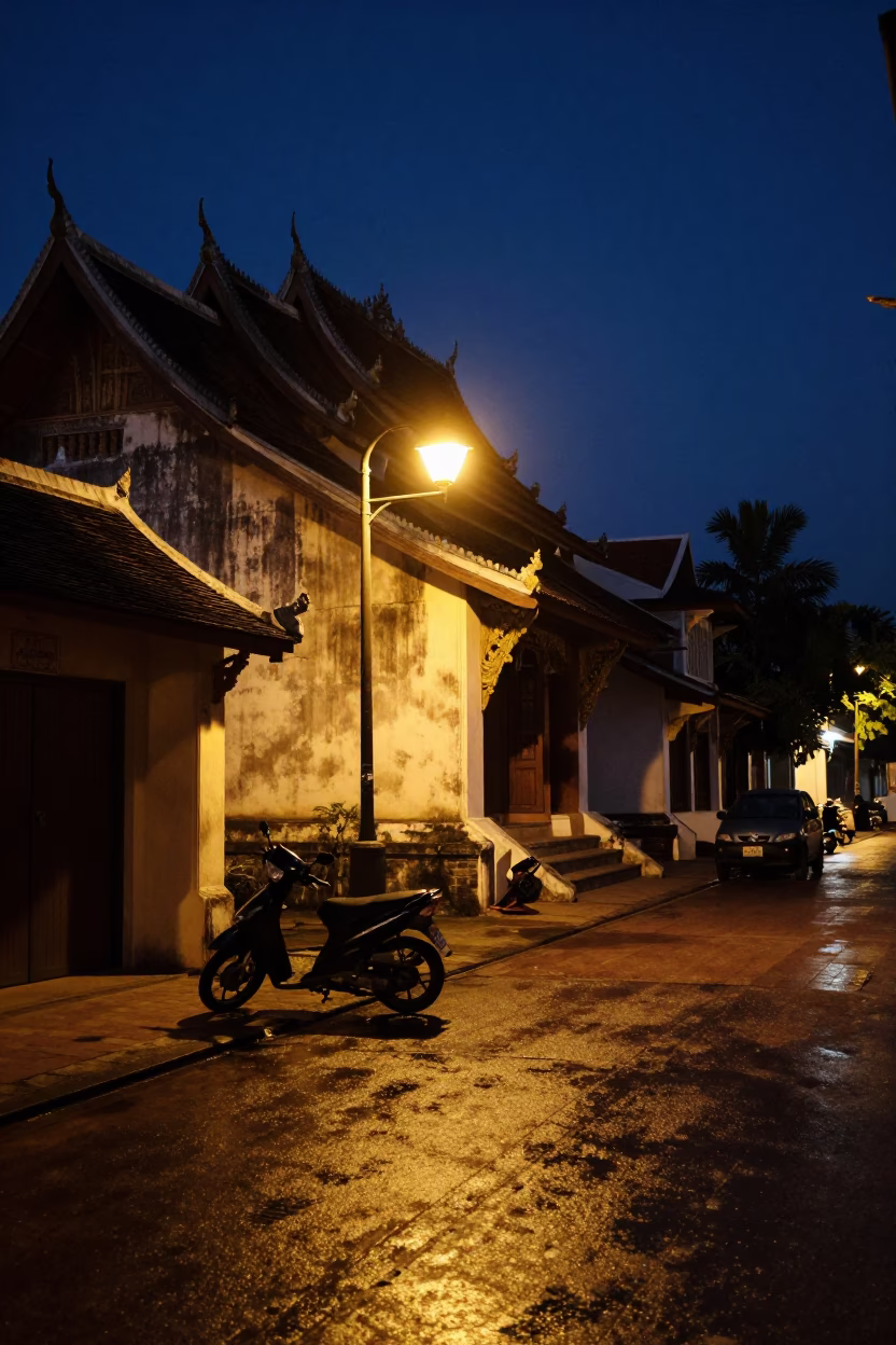 Late Night Street Scene in Luang Prabang Laos with Traditional Architecture and Local Life in in Luang Prabang, Laos
