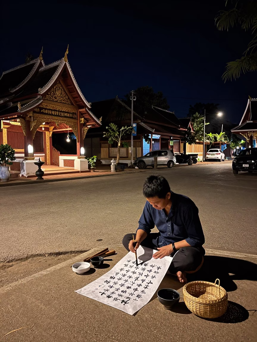 Late Night Street Scene in Luang Prabang Laos with Traditional Calligraphy Demonstration in in Luang Prabang, Laos