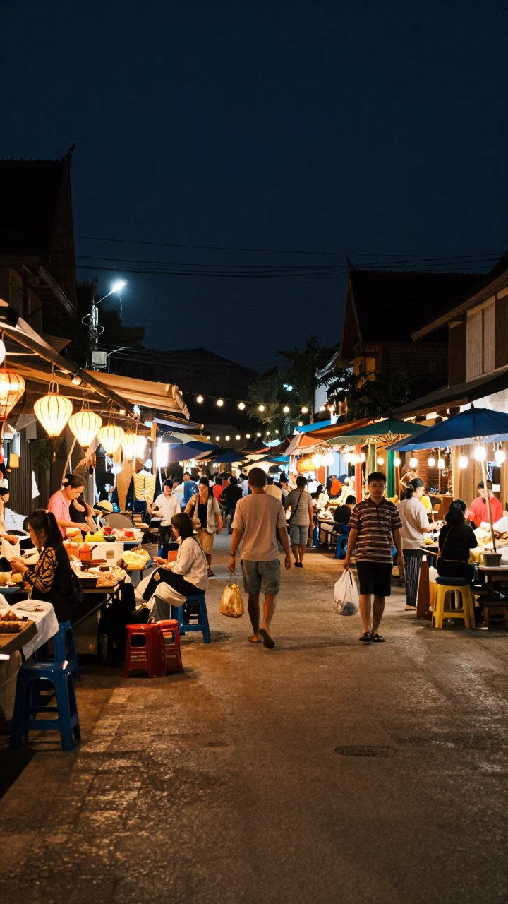 Late Night Street Scene in Luang Prabang Laos with Traditional Market Activity in in Luang Prabang, Laos