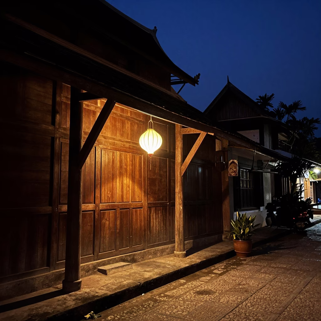 Late Night Street Scene in Luang Prabang Laos with Traditional Wooden Architecture and Lanterns in in Luang Prabang, Laos