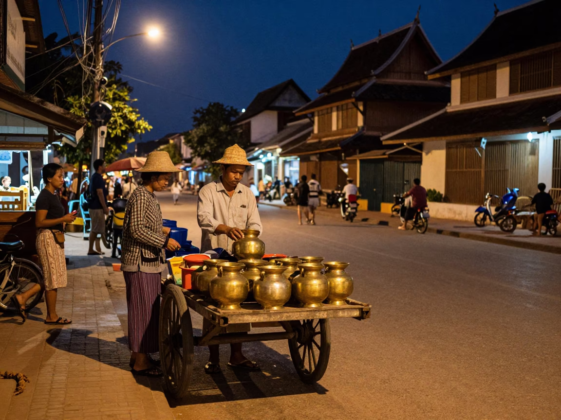 Late Night Street Scene in Luang Prabang Laos with Vendor and Passersby in in Luang Prabang, Laos