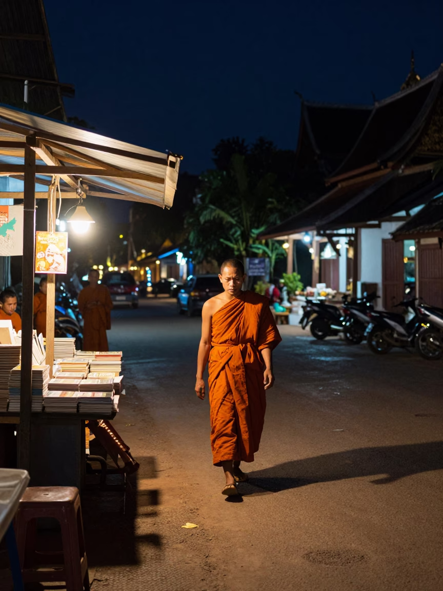 Late Night Street Scene in Luang Prabang With Monks And Street Vendors in in Luang Prabang, Laos