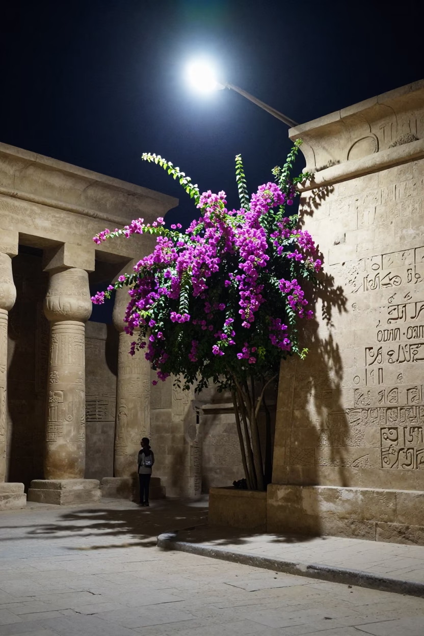 Late Night Street Scene in Luxor Egypt with Bougainvillea and Traditional Architecture in in Luxor, Egypt
