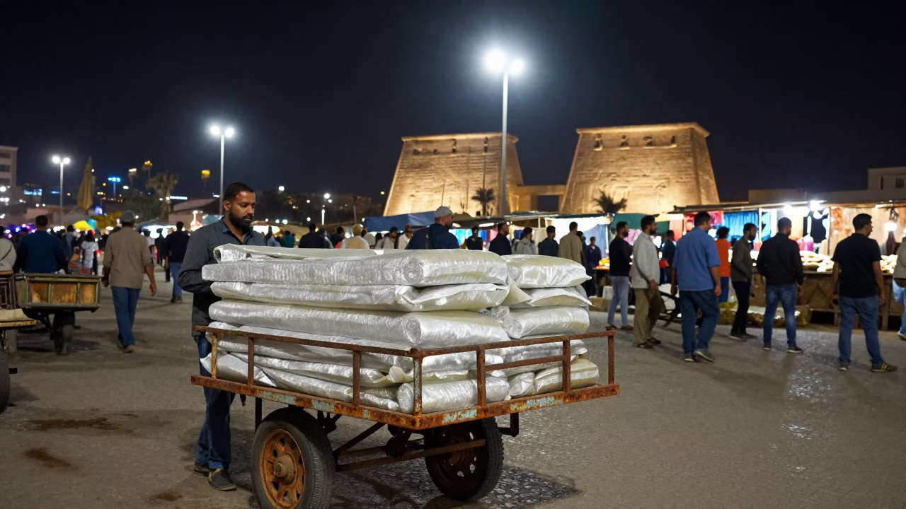 Late Night Street Scene in Luxor Egypt with Rusty Metal and Linen Details in in Luxor, Egypt