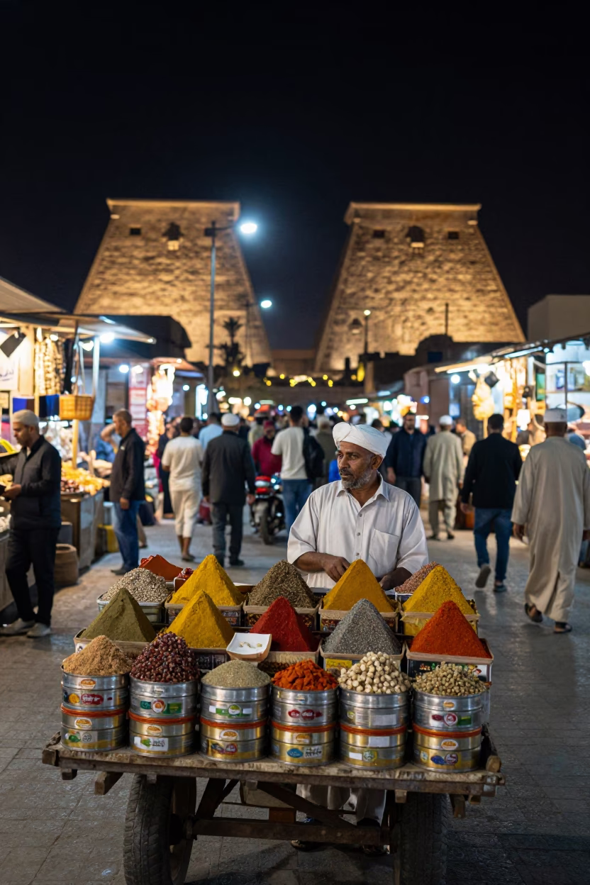 Late Night Street Scene in Luxor Egypt with Spice Tins and Motorcycle in in Luxor, Egypt