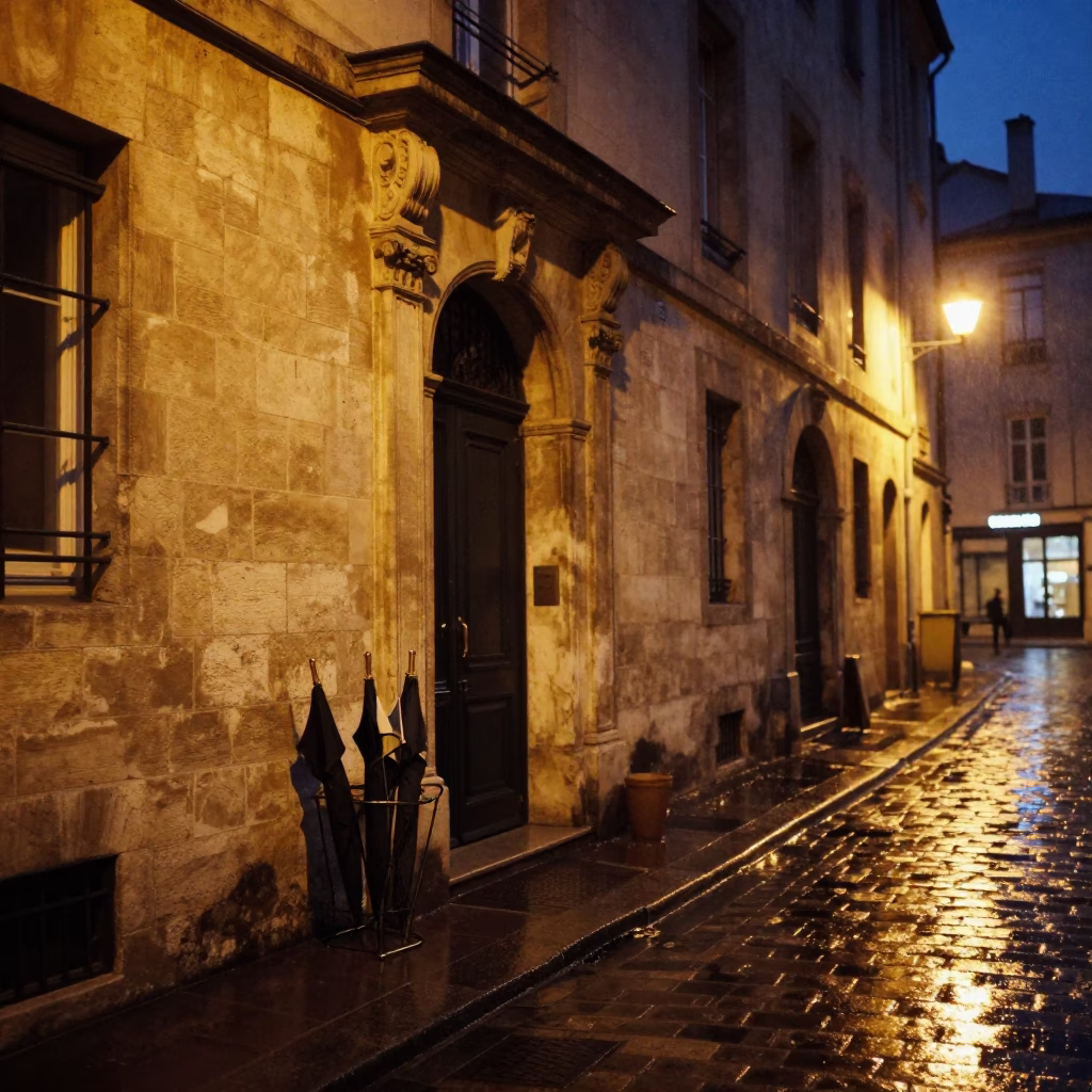 Late Night Street Scene in Lyon France Umbrella Stand and Urban Ambiance in in Lyon, France