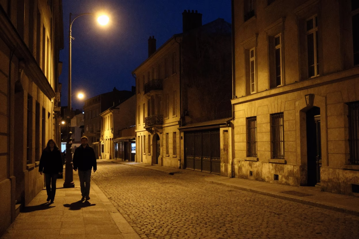 Late Night Street Scene in Lyon France with Cobblestone Pavement and Historic Architecture in in Lyon, France