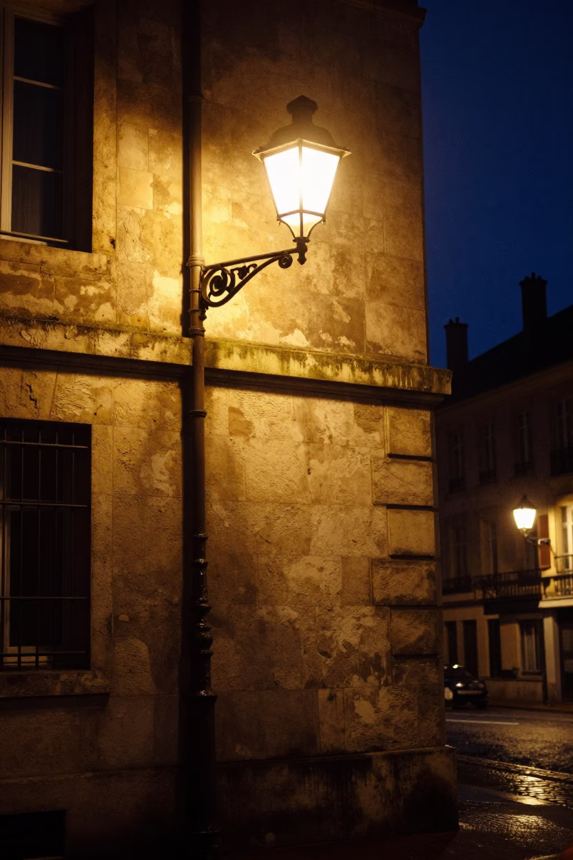 Late Night Street Scene in Lyon France with Condensation on Metal and Broom in in Lyon, France