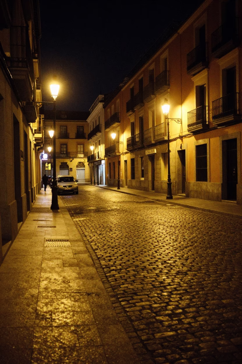 Late Night Street Scene in Madrid Spain with Cobblestones and Urban Lighting in in Madrid, Spain