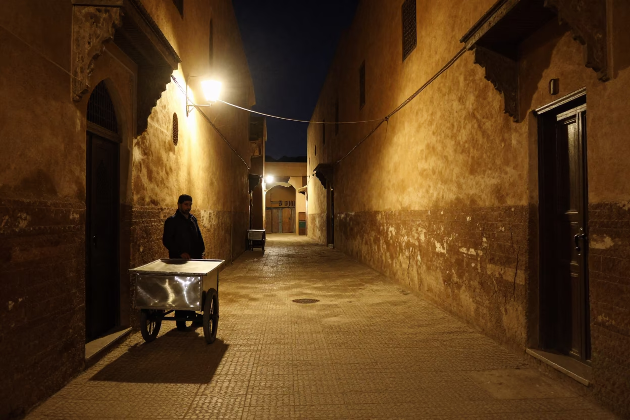 Late Night Street Scene in Marrakech Morocco with Brushed Steel and Condensation Details in in Marrakech, Morocco