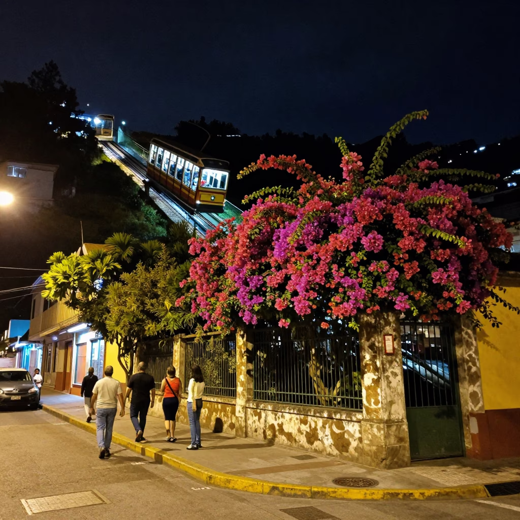 Late Night Street Scene in Medellin Colombia with Funicular and Bougainvillea in in Medellin, Colombia
