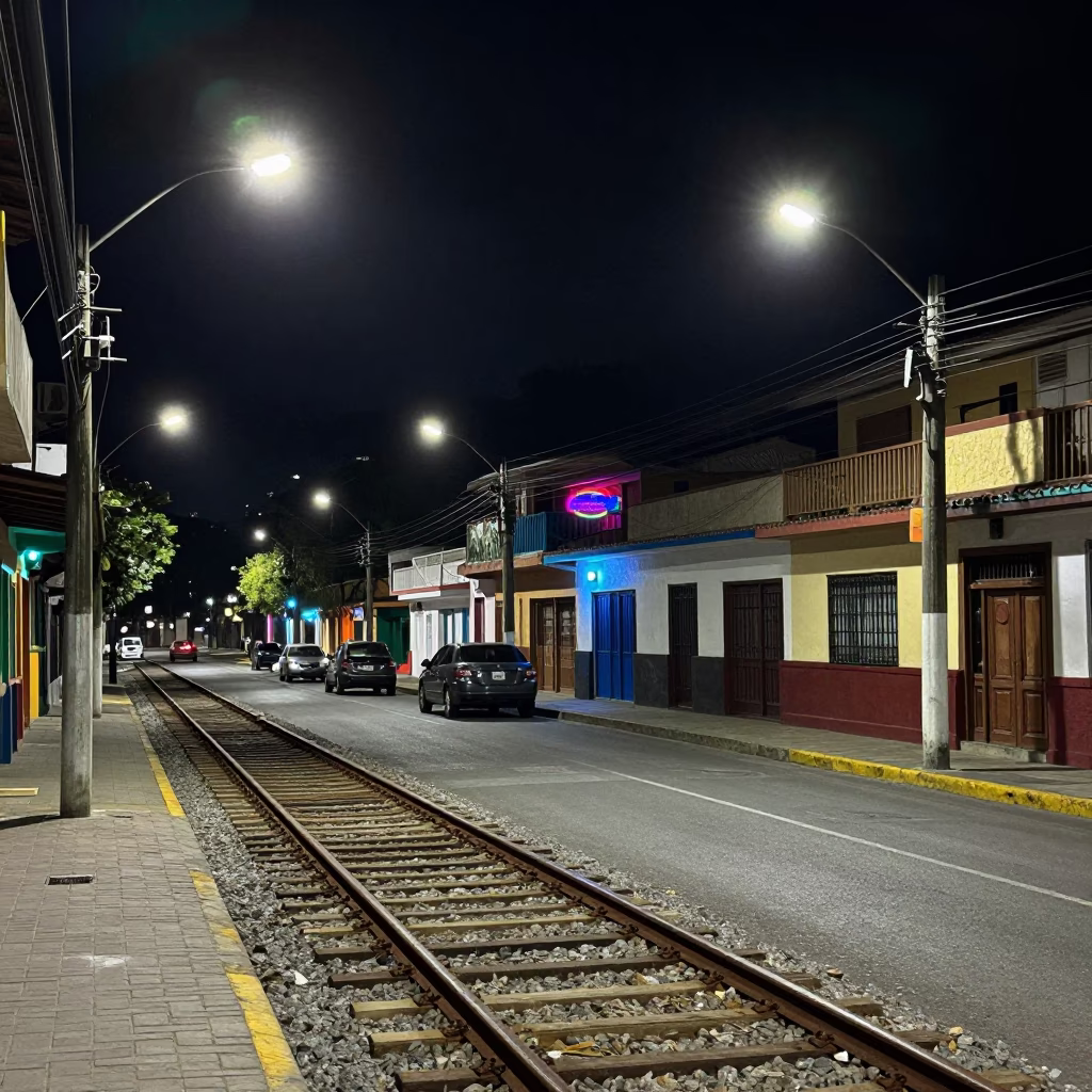 Late Night Street Scene in Medellin Colombia with Rusty Train Tracks and Neon Lights in in Medellin, Colombia