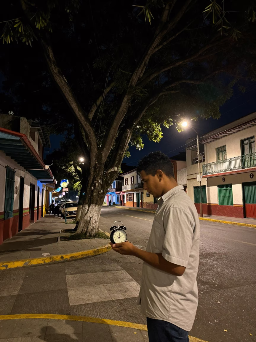 Late Night Street Scene in Medellin Colombia with Tree and Alarm Clock in in Medellin, Colombia