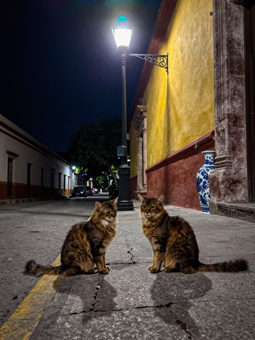 Late Night Street Scene in Merida Mexico with Cat and Porcelain Bowl in in Merida, Mexico