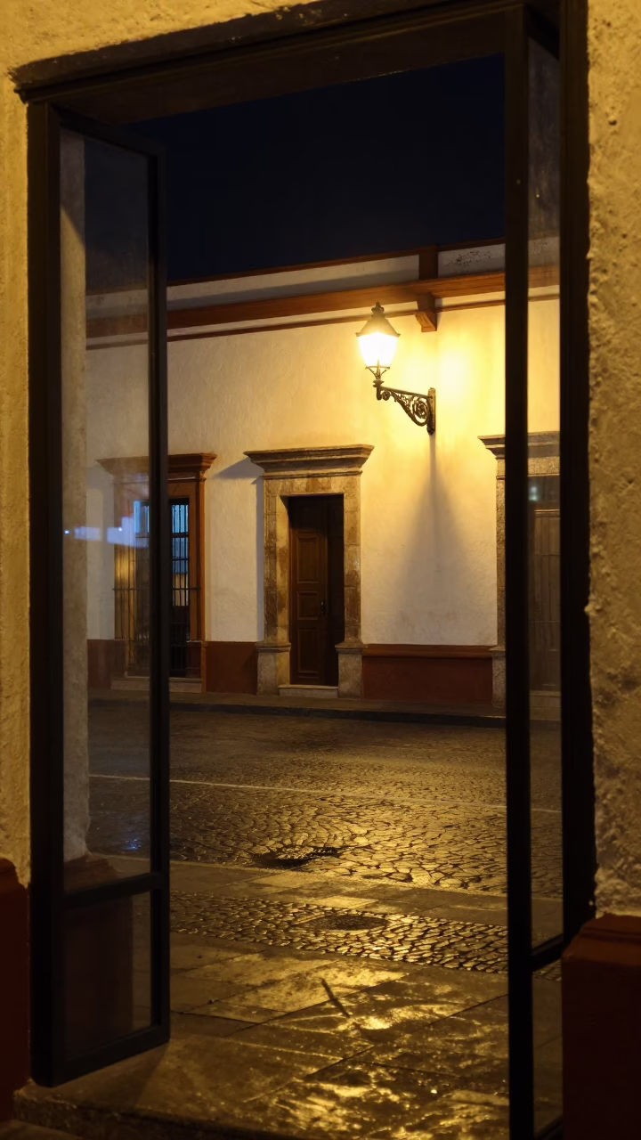 Late Night Street Scene in Merida Mexico with Clear Glass Doorframe and Urban Architecture in in Merida, Mexico
