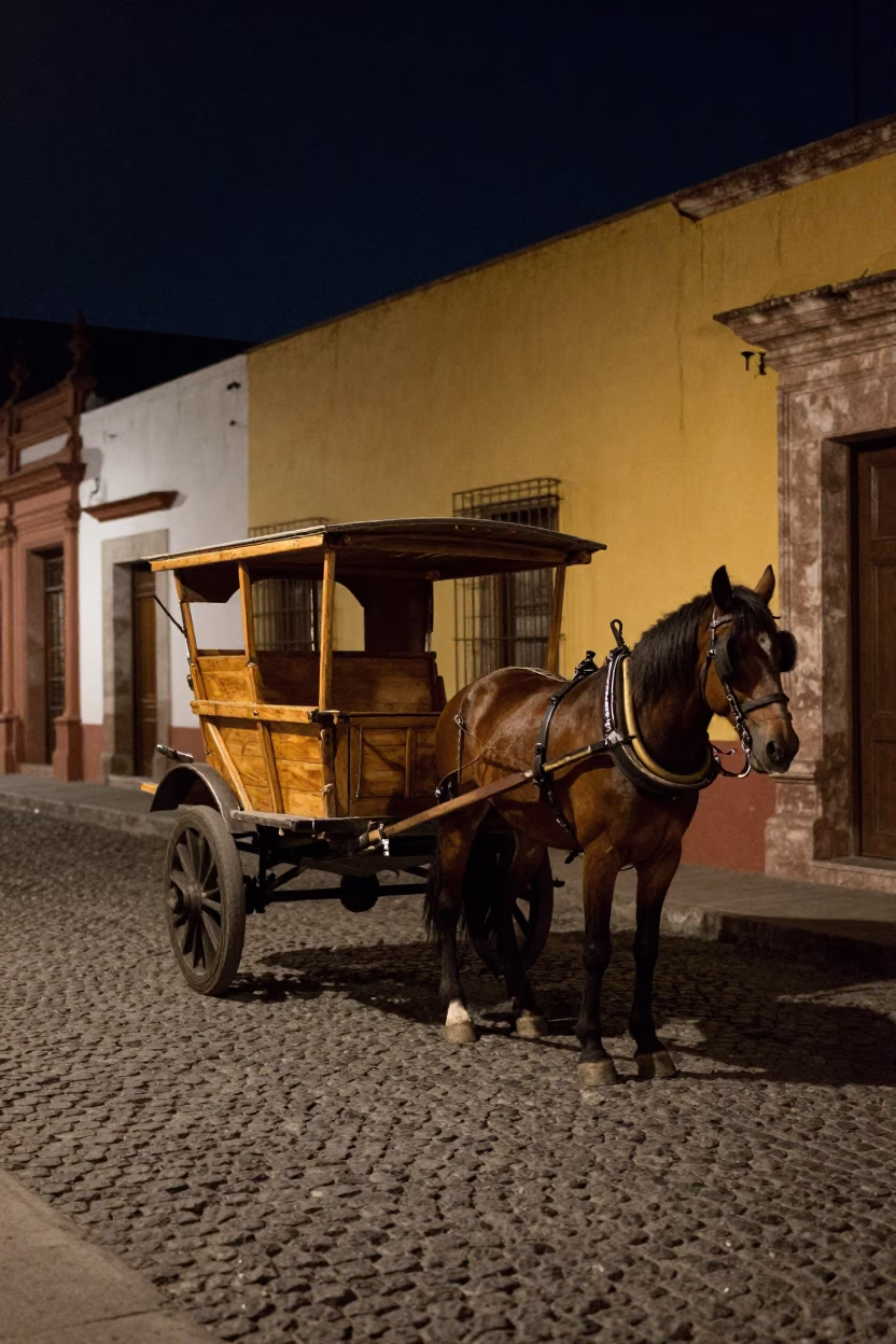 Late Night Street Scene in Merida Mexico With Horse Drawn Cart and Cobblestone Path in in Merida, Mexico