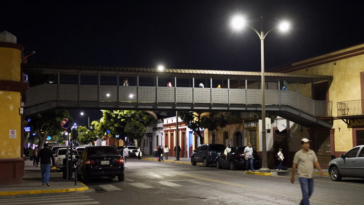 Late Night Street Scene in Merida Mexico with Pedestrian Overpass and Wet Footsteps in in Merida, Mexico