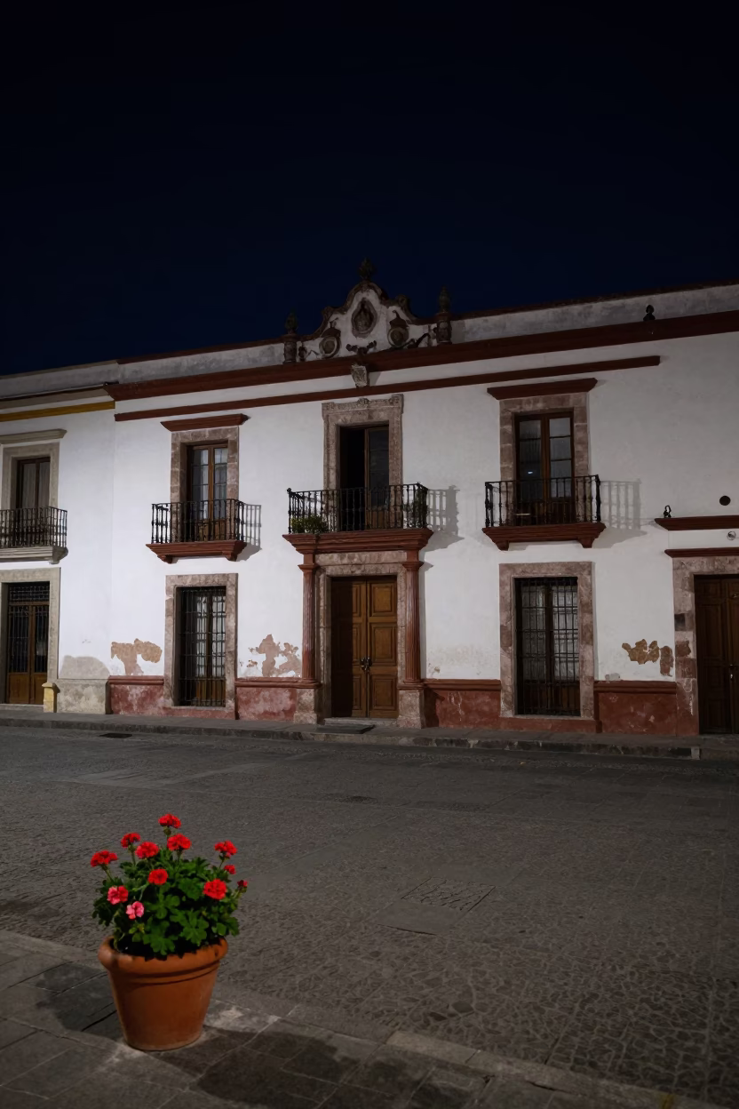 Late Night Street Scene in Merida Mexico with Potted Geraniums and Colonial Architecture in in Merida, Mexico