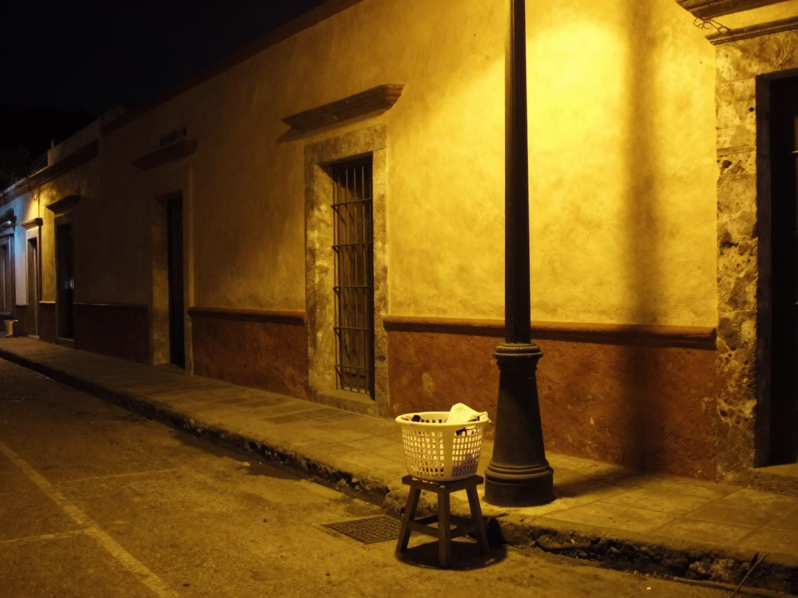 Late Night Street Scene in Merida Mexico with Stool and Laundry Basket in in Merida, Mexico