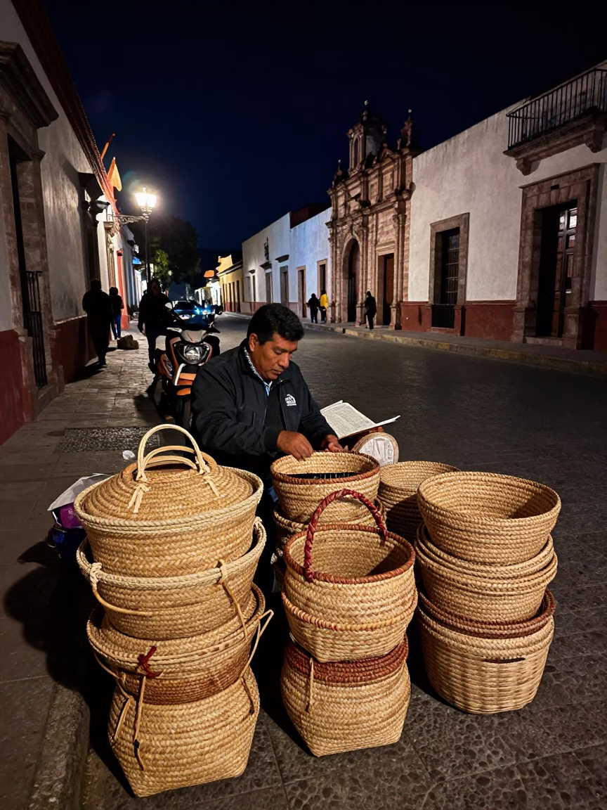 Late Night Street Scene in Merida Mexico with Woven Baskets and Cooler Jug in in Merida, Mexico