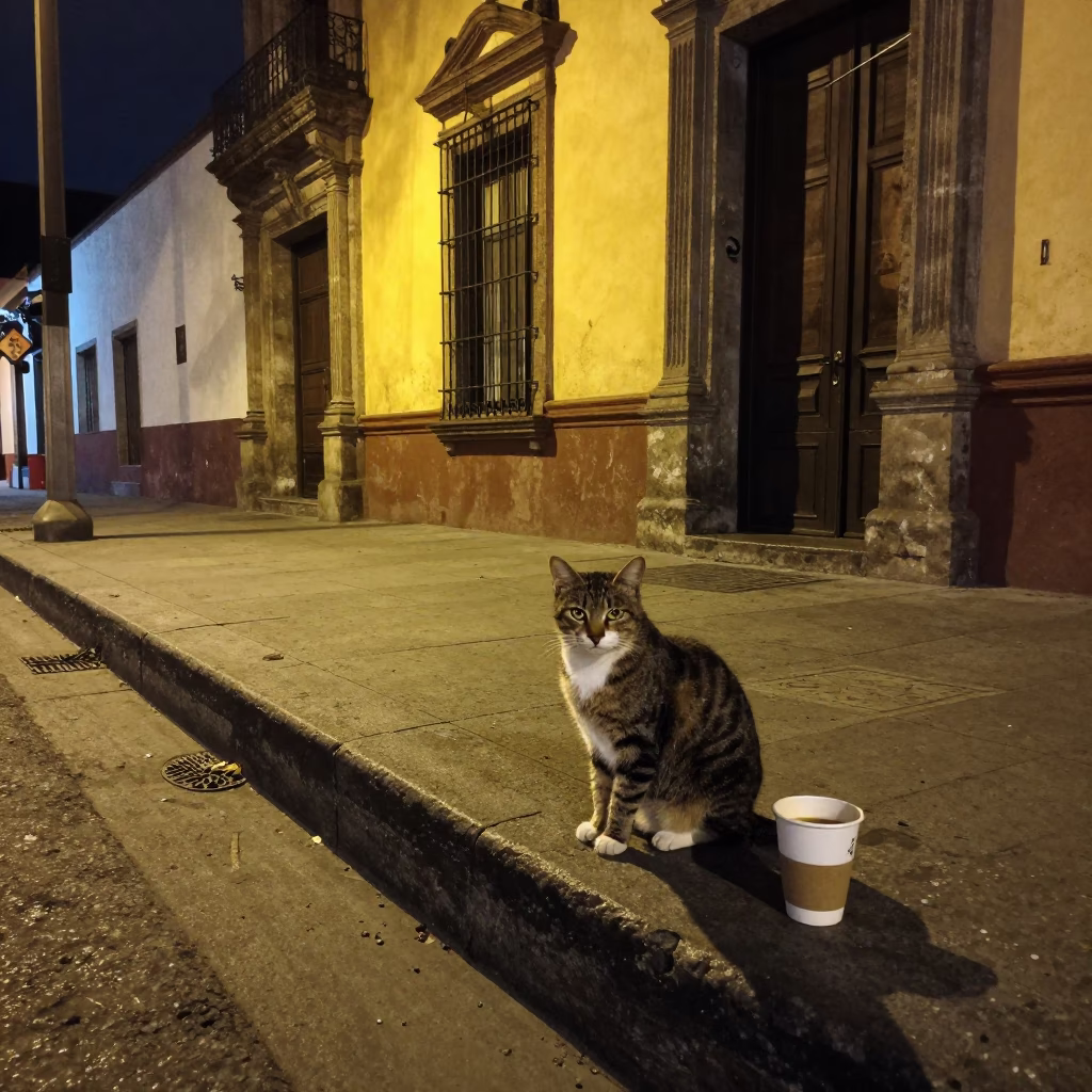 Late Night Street Scene in Mexico City With Cat and Coffee Mugs in in Mexico City, Mexico