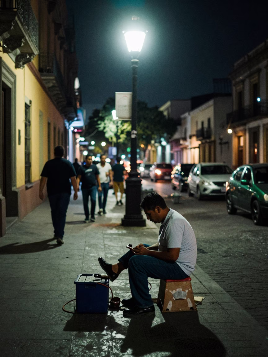 Late Night Street Scene in Mexico City With Shoe Shiner And Urban Details in in Mexico City, Mexico