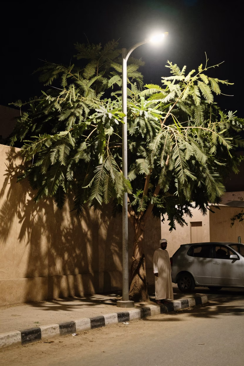 Late Night Street Scene in Muscat Oman with Tamarind Tree and Local Interaction in in Muscat, Oman