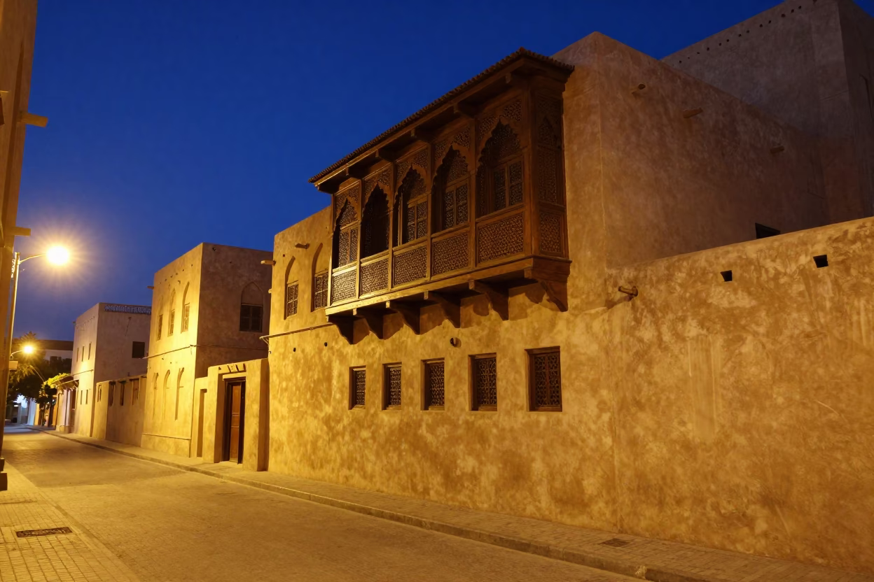 Late Night Street Scene in Muscat Oman with Traditional Architecture and Evening Ambience in in Muscat, Oman
