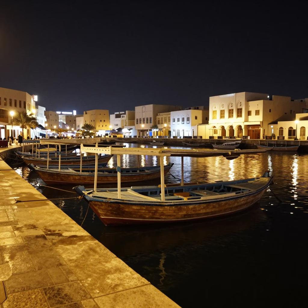 Late Night Street Scene in Muscat Oman with Traditional Dhow Boats and Lanterns in in Muscat, Oman
