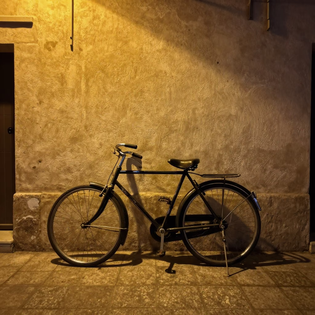 Late Night Street Scene in Muscat Oman with Vintage Bicycle and Tea Towel in in Muscat, Oman