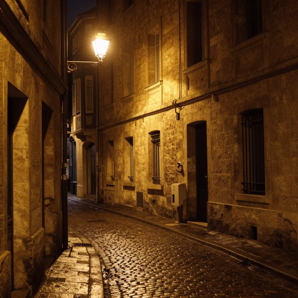 Late Night Street Scene in Nice France with Brass Knocker and Stone Wall in in Nice, France