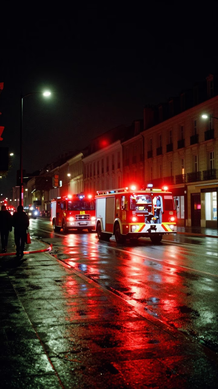 Late Night Street Scene in Nice France with Fire Engine and Carnival Mask in in Nice, France