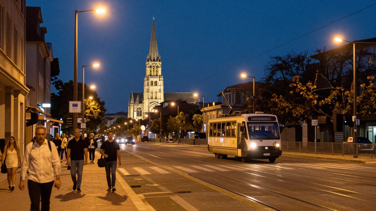 Late Night Street Scene in Nice France with Funicular and Bell Tower in in Nice, France