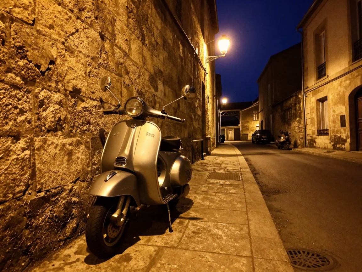 Late Night Street Scene in Nice France with Scooter and Urban Details in in Nice, France