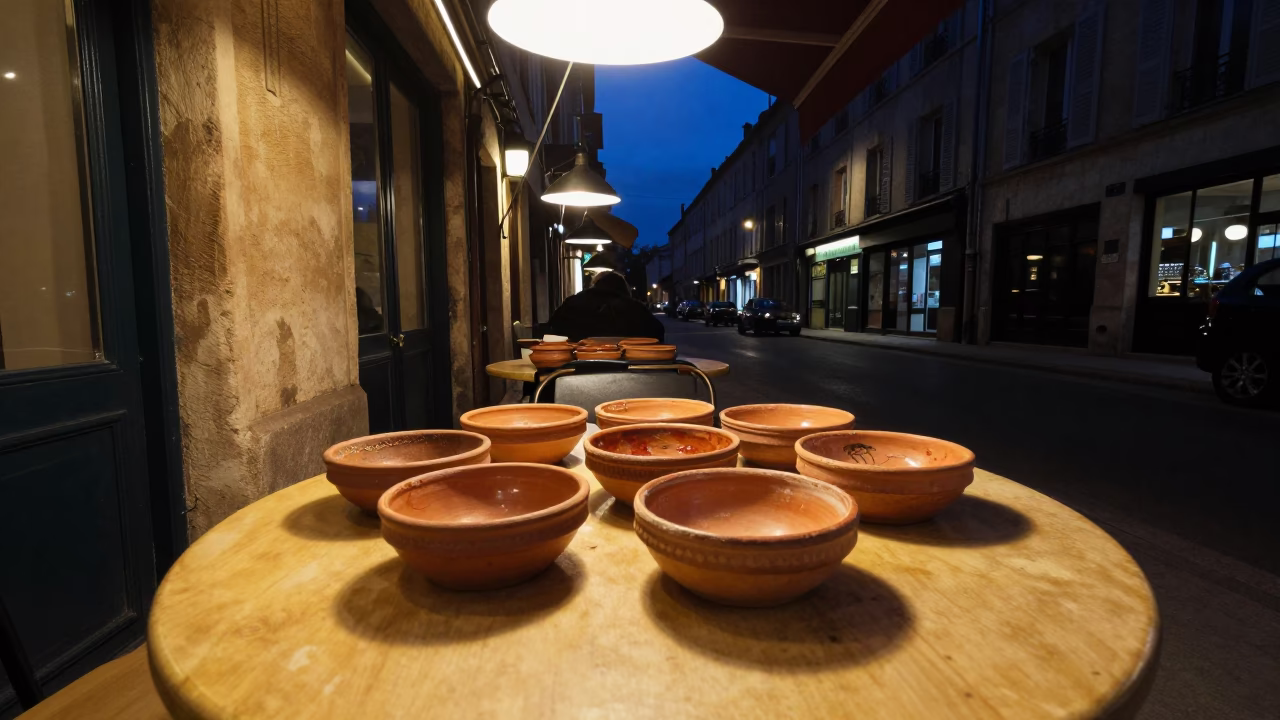 Late Night Street Scene in Nice France with Terracotta Bowls and Olives on Table in in Nice, France