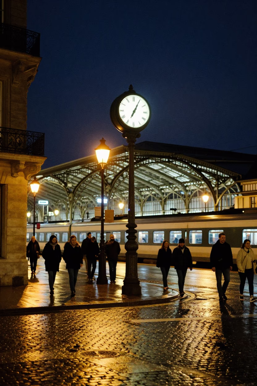 Late Night Street Scene in Nice France with Train Station Clock and Cobblestone Atmosphere in in Nice, France