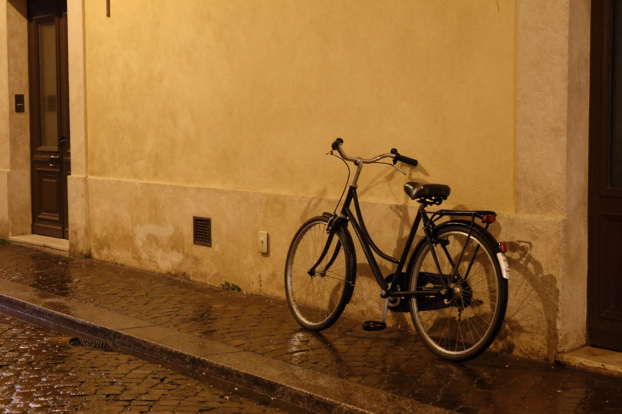 Late Night Street Scene in Nice France with Vintage Bicycle and Neon Reflections in in Nice, France