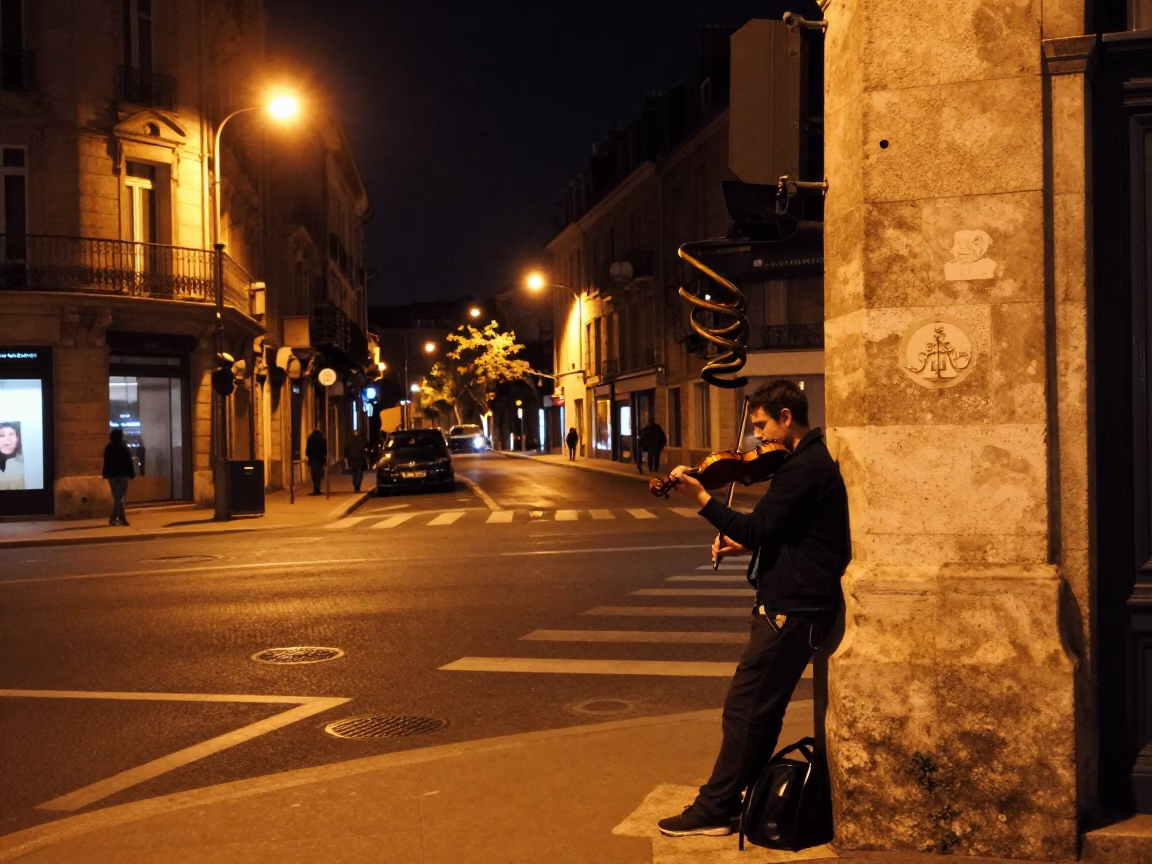 Late Night Street Scene in Nice France with Violin and Coiled Rope in in Nice, France
