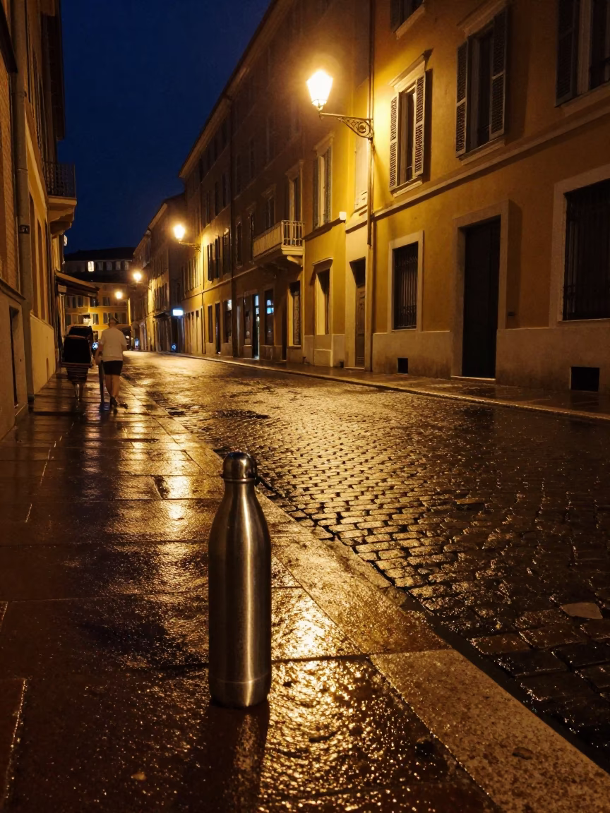 Late Night Street Scene in Nice France with Water Bottle and Cobblestones in in Nice, France