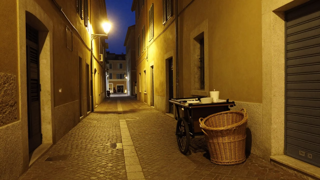 Late Night Street Scene in Nice France With Wicker Hamper in in Nice, France