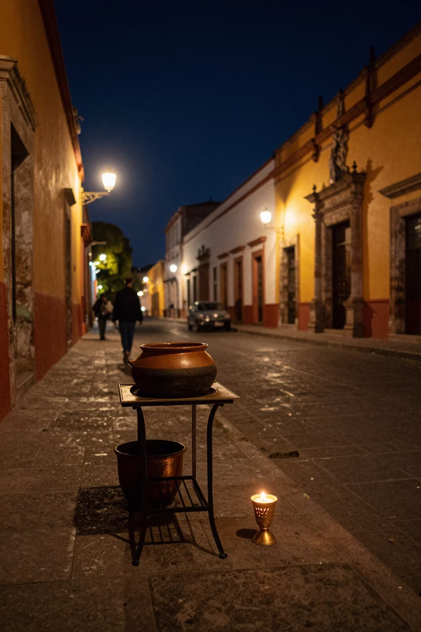 Late Night Street Scene in Oaxaca City Mexico with Candle Holder and Thermometer in in Oaxaca, Mexico