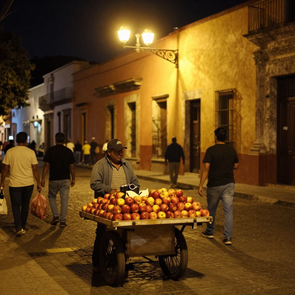 Late Night Street Scene in Oaxaca Mexico with Apple Vendor and Faded Wall Photos in in Oaxaca, Mexico