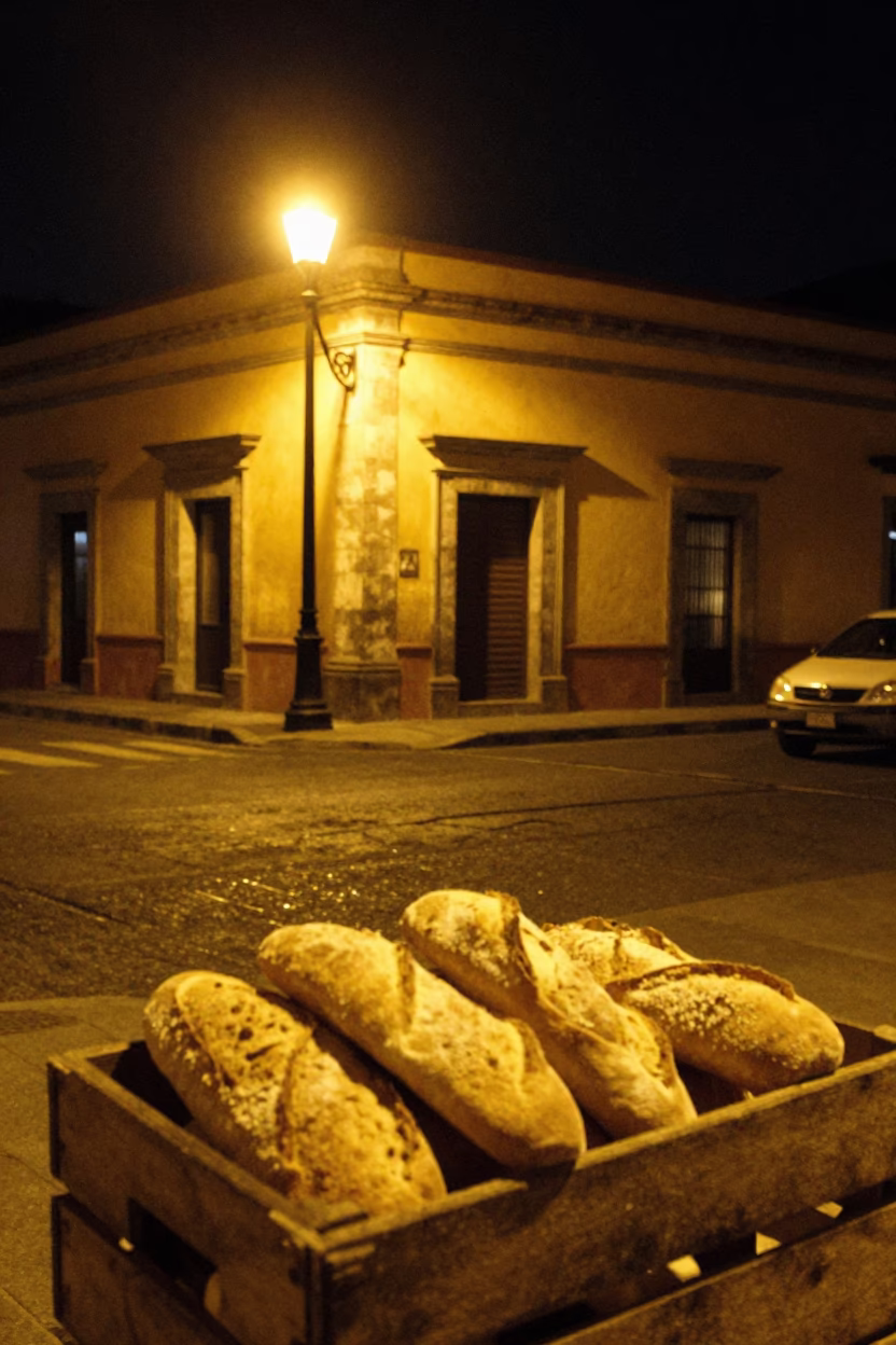 Late Night Street Scene in Oaxaca Mexico with Bread Loaves and Local Market Activity in in Oaxaca, Mexico
