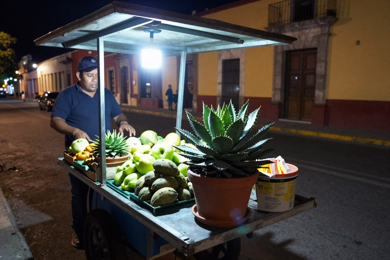 Late Night Street Scene in Oaxaca Mexico with Echeveria Plant and Tambourine in in Oaxaca, Mexico