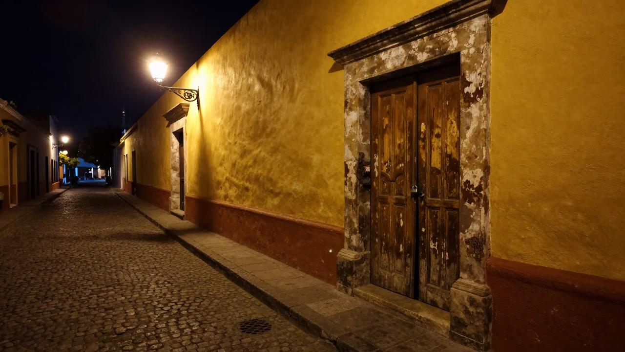 Late Night Street Scene in Oaxaca Mexico with Padlock on Door in in Oaxaca, Mexico