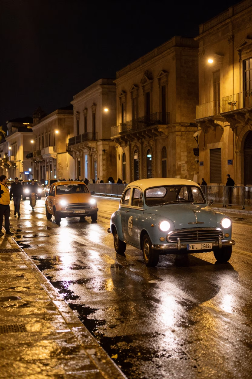 Late Night Street Scene in Palermo Italy with Vintage Car and Coffee Mugs in in Palermo, Italy