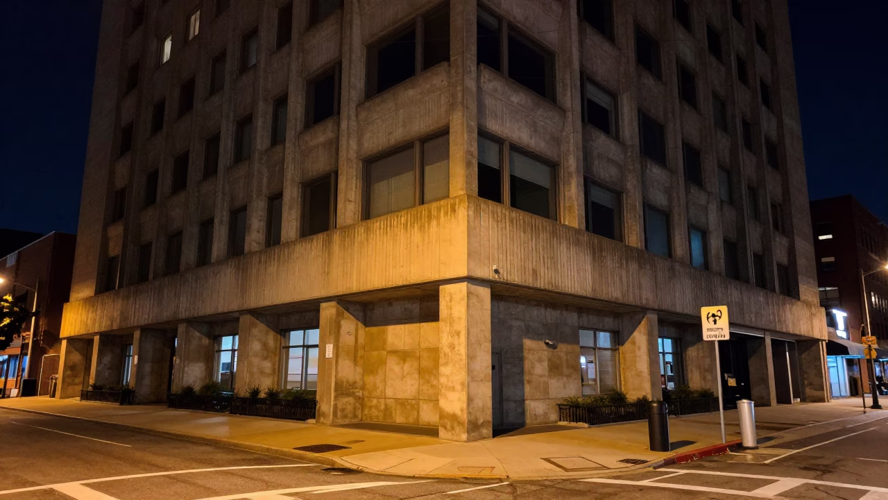 Late Night Street Scene in Philadelphia Pennsylvania with Concrete Brutalist Architecture and Urban Activity in in Philadelphia, Pennsylvania, United States